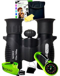 Kids Binoculars Ages 3-12, 8x21 Compact Shockproof Black | bird watching, camping, hiking, for boys, includes carry case, neck strap, compass, carabiner, high resolution optics - color: Black/Black