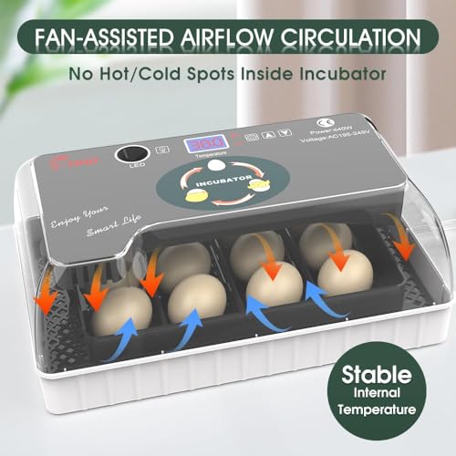 12 Egg Incubator - Automatic Egg Turner, Temperature Control, Built-in Candler, Auto Water Refill for Hatching Chicken, Duck, Quail & Bird Eggs