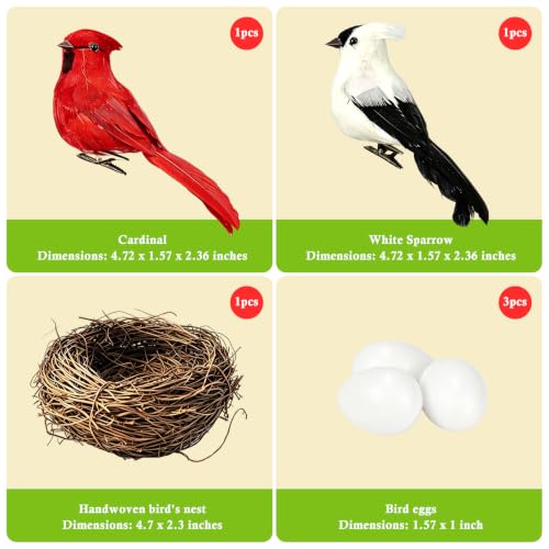 Artificial Red Cardinal Birds with Nest & Eggs - Real Feathers Clip On Mini Bird Figurines Realistic Ornaments for Christmas Tree Easter Wreath Garden Home Decor Crafts Gifts for Bird Lovers