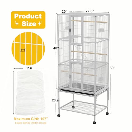 69 inches Bird Cage with Dust Cover, Birdcages with Rolling Wheels | Large Bird Cages for Cockatiels Quaker Conure Parakeet Lovebird Finch Canary Small Medium Parrot Cage Birdcage,White - color: White