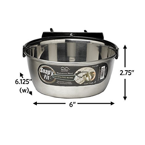 MidWest Homes for Pets Snap'y Fit Stainless Steel Food or Water Bowl, Holds 1 Quart, Mounts to Wire Crates, No-Tip Design, Rust-Resistant, for Dogs and Cats - size: 1 Quart (4 cups)