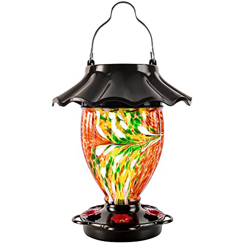 LUJII Solar Hummingbird Feeder for Outdoors Hanging with Color Changing, Hand Blown Glass Reservoir, 32 fl.oz, Never Leak, Lighted Lantern for Garden Decor, Unique Gift for Bird Lover (Red) - color: Red