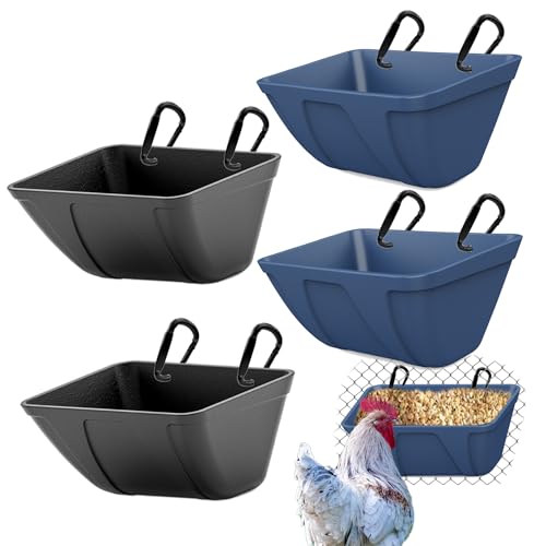 mozoba Hanging Chicken Feeder Trough for Goat Sheep Deer Poultry Duck Chicken Fence Feeder Livestock Feeding Container Goats Supplies Feeders Waterer Bucket (Black and Blue) - color: Black and Blue
