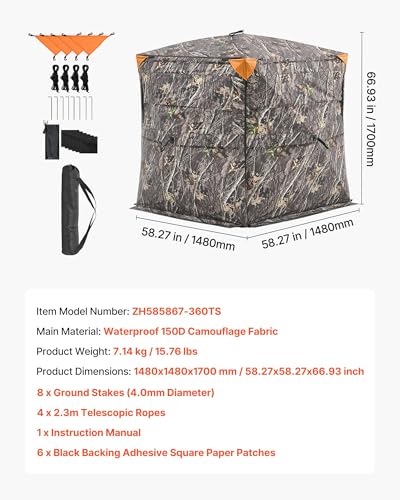 VEVOR Hunting Blind，See Through Ground Blinds with Carrying Bag, 360 Degree Portable Camouflage Tent，Durable Concealed Shelter with Silent Side Door and Window, for Turkey and Deer - size: 2-3 Person（360° See Through ）