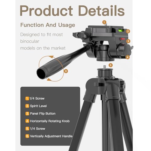 69” Tripod for Spotting Scopes, Binocular & Camera, Includes Binocular Adapter, 2 QR Plates, Phone Holder & Carry Bag, Ideal for Bird Watching, Hunting, Wildlife Viewing & Target Shooting