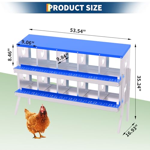 Chicken Nesting Box, 10 Compartment Galvanized Steel Chicken Laying Boxes, Heavy Duty Rustproof Chicken Coop with Easy Egg Collection for Backyard Farms - with Bracket Legs, Blue - color: Blue, size: 10 compartments, with bracket