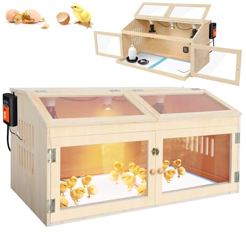 Intelligent Chicken Brooder Box for Chick with Digital Thermostat, 32" Wide Large Wooden Chick Brooder Box with Heating Lamps, Sliding Drawers & Door Handle for Hamster Chicks Duck Indoor Outdoor