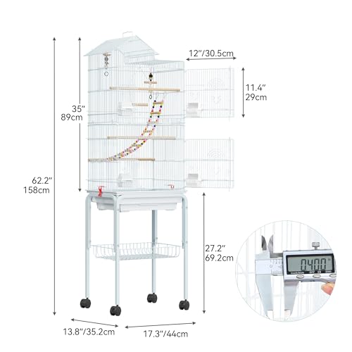 YITAHOME 62 inch Metal Bird Cage, Large Parakeet Cages | Bird Cage for Parrot, Cockatiel, Lovebird, Pigeon with Roof Top, Rolling Stand and Hanging Accessories, White - color: White