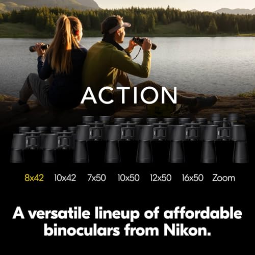 Nikon Action 8x42 Binocular | Multilayer-Coated Nikon Optics, Bright, Wide View, 8X Power, Turn-and-Slide Adjustable eyecups and Tripod-Ready Porro-Prism Design | Turn-and-Slide Adjustable eyecups, multilayer-Coated Nikon Optics, wide View, 8X Power, trip