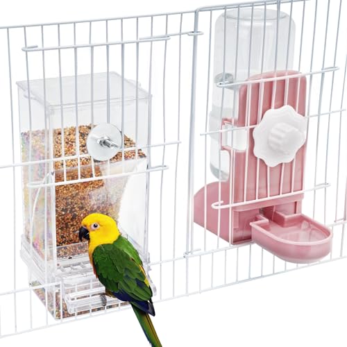 Lemtrflo No Mess Bird Feeder Water Dispenser Set, Automatic Bird Feeder | Parrot, Parakeet Cage Accessories - color: pink