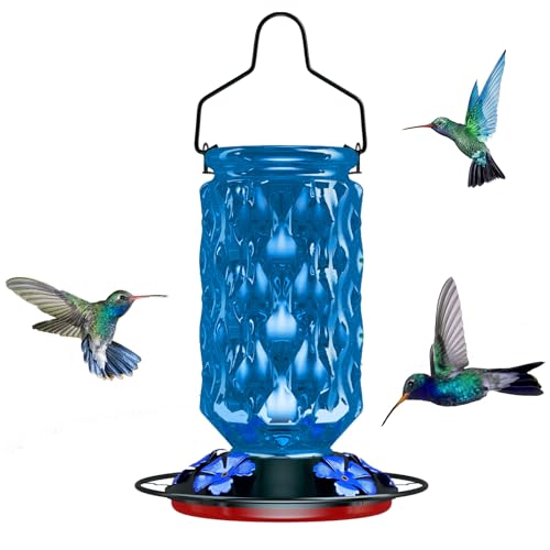 24OZ Glass Hummingbird Feeders for Outdoors Hanging,Five Feeding Ports with Perch, Leak Proof for Gardens Decor Backyard, Bird Feeder for Outside, Birthday Gifts for Women Men, Gifts for Mom Dad - color: Blue