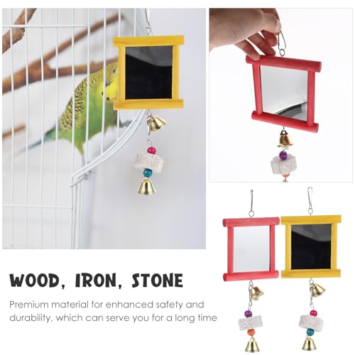 Yardwe Bird Cage Toys 2Pcs Hanging Mirror Toys with Bells and Pecking Blocks for Parrots Chickens Roosters Interactive Chew Toys for Bird Cage