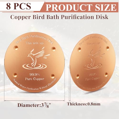 8 Pcs 4'' Copper Disc for Bird Bath,0.6mm | 0.8mm Thick, 99.99% Pure Metal for Birdbaths Purification, 4 Point Support Outdoor Bowls, Prevents Algae Buildup - style: Bird Pattern