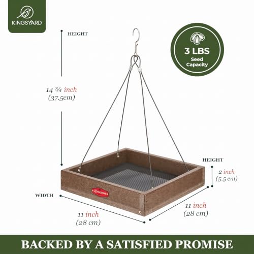 Kingsyard Platform Bird Feeder for Outdoors, Hanging Tray, 2 Pack | Recycled Poly Lumber, Weatherproof, 11x11 Tray, Holds up to 3 lbs Seeds or Mealworms, Easy Clean & Refill, Brown - color: Brown