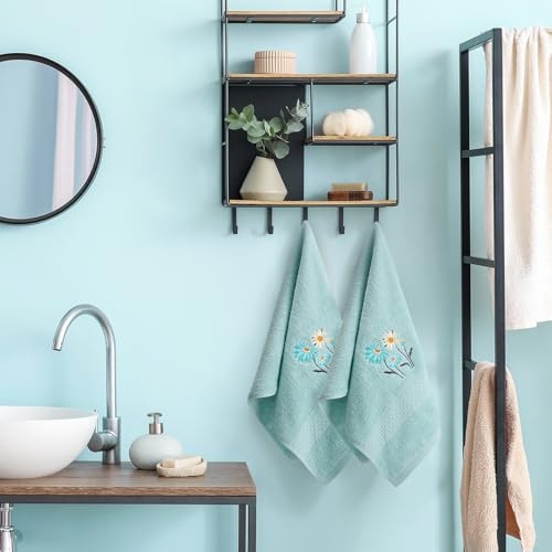 SmoothNovelty 2 Pcs Daisy Hand Towels Teal Bathroom Decor 14x29 Inch | Embroidered Flower Bathroom Hand Towels, 100% Cotton, Soft Absorbent, Spring Summer Bathroom Kitchen Decor - style: Daisy Flower