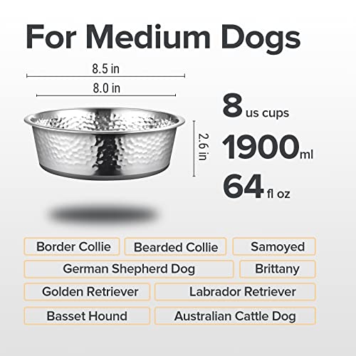 URBUDDIES 2 Pack Hammered Stainless Steel Dog Bowls, 8 Cup, Gray Bottom | Premium Metal Dog Bowls with Non Slip Rubber Bottom, Dishwasher Safe, Easy to Clean - size: 8-Cup