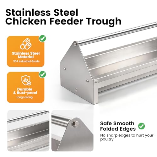 Chicken Feeding Trough 45" Large Capacity with Drainage Holes & Crossbar | Stainless Steel Chicken Feeder Trough Poultry Feeder Trough for Chicken,Duck,Geese,Turkey Coop Accessories Supplies