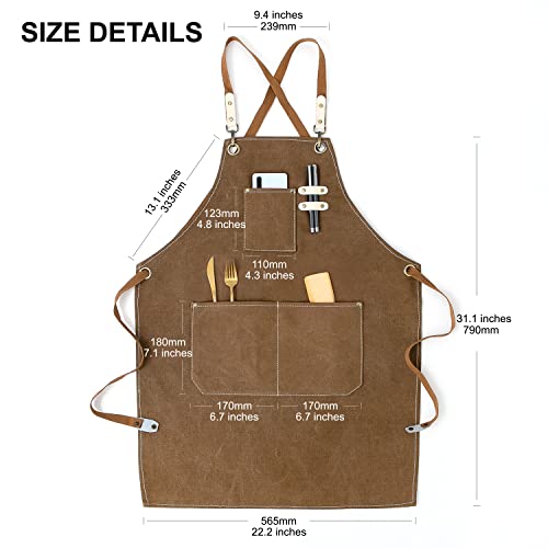 Hongsome Cotton Canvas Cross Back Apron for Art Painting Garden Chef Bartender Work,Women Men 3 Pockets Waterproof M-XXL - color: Brown