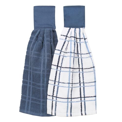 Ritz Premium 100% Cotton Solid and Multi Check Kitchen Tie Towel, Absorbent, Super Soft, and Fast Drying Hang Towel, Set of Two, Federal Blue - color: Federal Blue, size: Solid & Multi Check - 2 Piece