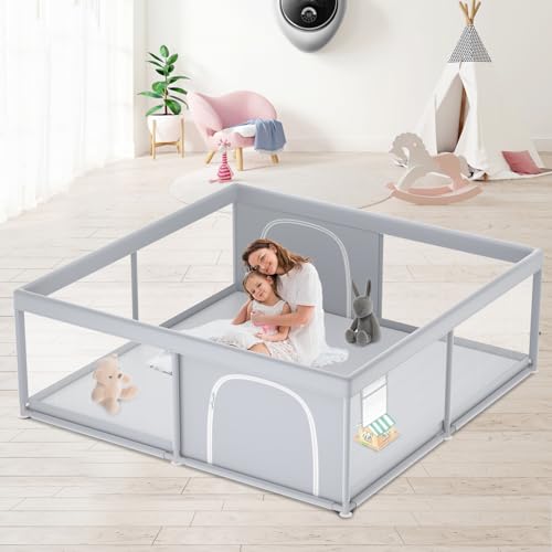 XVISHX Baby Playpen, 79''x79'' Extra Large Playpen for Babies and Toddlers, Baby Fence Play Pen for Indoor & Outdoor, with Soft Breathable Mesh Grey - size: 79 × 79 Inch