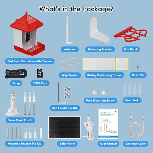 Smart Bird Feeder with Camera, Solar Panel & 5200mAh Battery, 4K HD Video, AI Identification, Instant Arrival Alerts & Alarm, IP65 Weatherproof, 32GB Card, 2L Capacity, for Bird Lover - color: Red