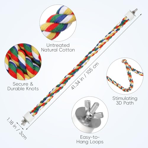 iplusmile Bird Rope Perch Swing & Climbing Toy - 40-Inch Extra Long Soft Spiral Colorful Cotton Rope for Parrots Cockatiels Parakeets Budgie Cage Accessories - size: 40 inch / 105 cm