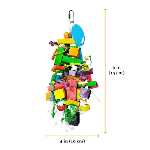 SunGrow Parrot Wooden and Rope Chewing Toy, Multi-Shaped and Multicolored Blocks and Cotton Rope with Hanging Loop (6 Inches)