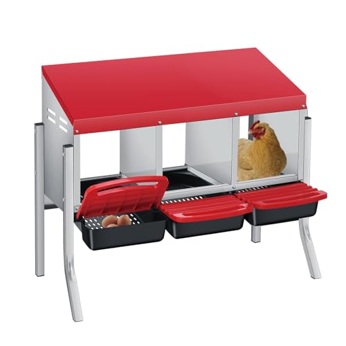 3 Hole Chicken Nesting Boxes, Weatherproof Galvanized Steel Chicken Egg Laying Box with Automatic Rollout Egg Collection, 2-in-1 Handle Perch, Easy Clean & Quick Assemble for Chicken Coop - color: Red, size: 3 holes with legs