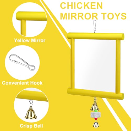 1 Pcs Chicken Mirror Toys Large 12x10 Inch Hanging Swing Mirror with Bell | Wooden Pecking Toy and 2 Pieces Beak Grinding Molar Stones for Hens Birds Parrots Coop Roosters(Yellow)