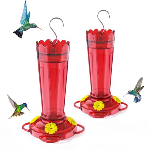 Red Plastic Hummingbird Feeders for Outdoors Hanging 2-Pack 14 Oz | Ant&Bee Proof Hummingbird Feeder with 4 Feeding Ports and Perches, Rustproof Leakproof Base, Garden Yard Décor Gifts for Mom - color: Red, size: 2 Pack