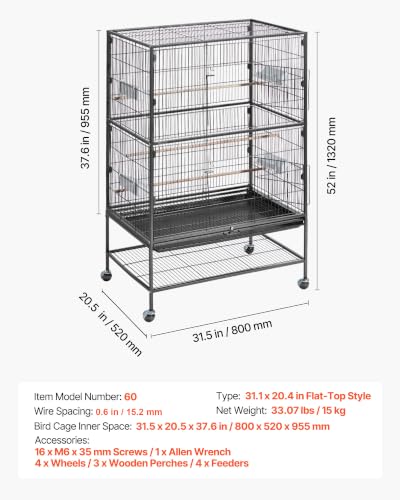 VEVOR Bird Cage, 31.5 x 20.5 x 52 inch, Flat Top, Wrought Iron Bird Flight Cage with Perches, Slide-Out Tray and Plastic Feeders, Casters, for Parrot, Blue Tit, Cockatiel, Canary, and Monk Parakeet - size: 31.5"L x 20.5"W x 52.0"H