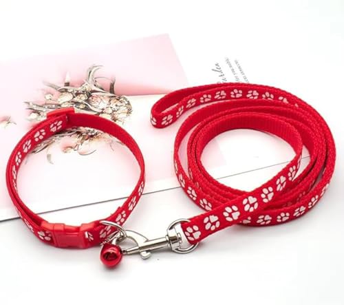 Red Puppy Collar and Lead Sets, XS Dog Collar and Lead Set Pawprint Adjustable Kitten Collar with Bell for Tiny Little XXS Extra Small Breed Pets Dogs Cats Girls Female - color: Red