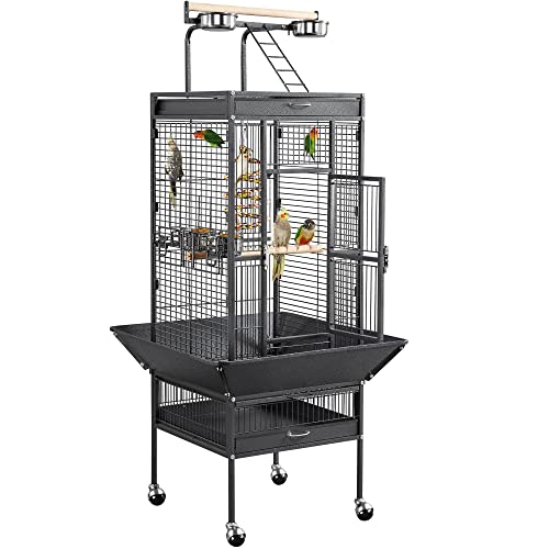 Yaheetech 61" Playtop Parrot Bird Cage with Rolling Stand, Wrought Iron Parrot Cage for Cockatiels Quaker Conure Parakeet Lovebird Finch Canary, Black - color: Black