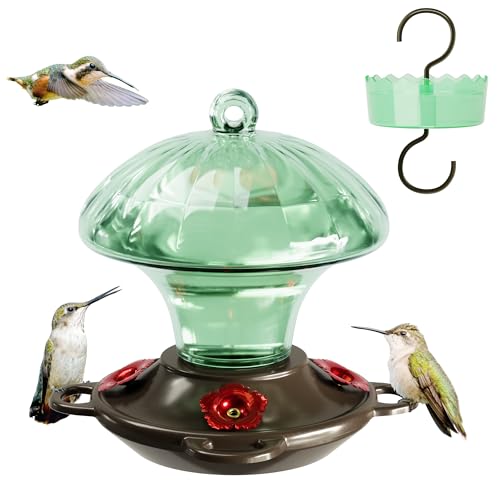Auslar Glass Hummingbird Feeders for Outdoors Hanging, Green, 15 Oz | Hummingbird Feeder with Ant Moat & 4 Anti-Bee Feeding Ports, Ant and Bee Proof, Leakproof, Easy Clean and Fill, Garden Decor - color: Green