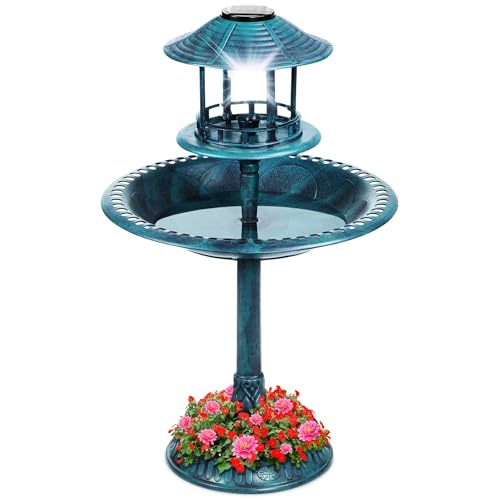 Best Choice Products Solar Outdoor Bird Bath Vintage Resin Pedestal Fountain Decoration for Yard, Garden w/Planter Base, Feeder, Decorative Bird Cage, Fillable Stand - Peacock Blue - color: Peacock Blue
