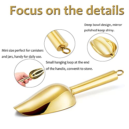 E-far Mini Ice Scoop Set of 2, 3 Ounce Gold Stainless Steel Food Scoops | Small Metal Scoop for Candy/Flour/Sugar, Ideal for Freezer/Party/Canister/Kitchen Bar/Ice Maker, Rust Proof & Easy Clean - color: Gold
