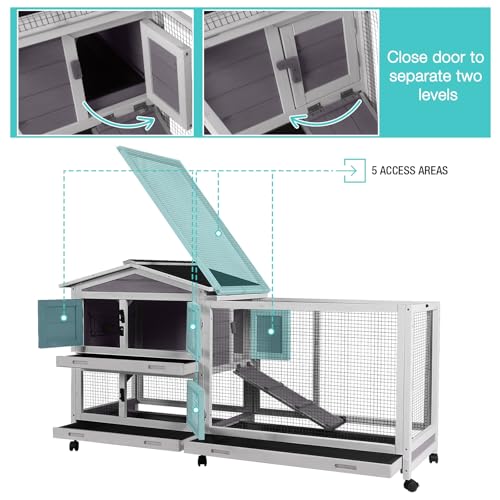 Suumerpety 62" Rabbit Hutch with Chew-Proof Ramp & Waterproof Roof - Indoor/Outdoor Bunny Cage, 2-Story Design, 6 Lockable Caster Wheels & Dual Pull-Out Trays (Grey) - color: (Grey)
