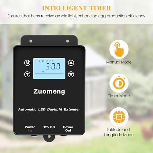 Automatic LED Daylight Extender, Zuomeng Chicken Coop Light with Intelligent Programmable Timer, IP65 Waterproof, 14–16H Light Boost for Hens, Enhances Egg Production