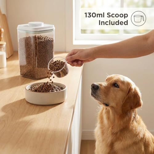 Dog Food Storage Container, 4L/4.2 Qt Airtight Pet Canister with One-Touch Lid, 130ml Scoop, BPA-Free Stackable Clear Kibble Holder for Kibble, Cat Food and Treats - size: 4Qt