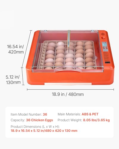 VEVOR 36 Egg Incubator, Automatic Egg Turner with LED Candler & Water Tray, Temperature & Humidity Control, 360° View Clear Window, Poultry Eggs Incubators for Hatching Chicks Ducks Goose Quails - size: 36 Eggs