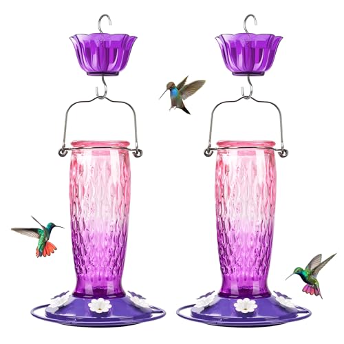 Kingsyard 2 Pack Glass Hummingbird Feeder for Outdoors with Ant Moat | 24 oz, Wide-Mouth Opening, 6 Metal Feeding Ports, Bee Guard, Easy to Clean & Refill Nectar, 360 Degree Perch, Pink & Purple - color: Pink & Purple