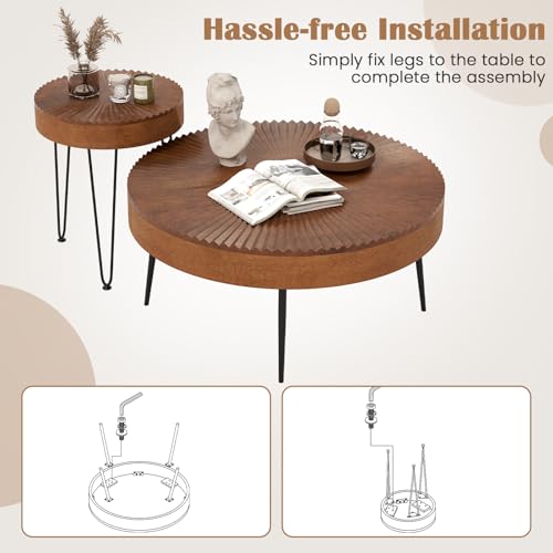 COSTWAY Farmhouse Round Coffee Table Set of 2, Rustic Sofa Side Tea Tables w/Wood Finish, Metal Frame, Adjustable Foot Pads, Nesting End Table Set for Living Room, Bedroom (Radial Pattern, Brown) - color: Brown, style: Radial Pattern