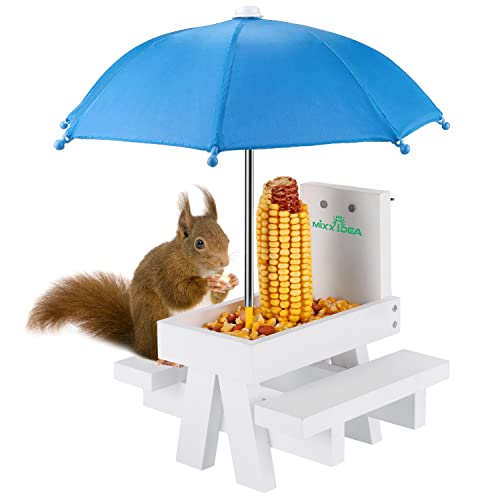 Squirrel Feeder Table with Umbrella, Wooden Squirrel Picnic Table Feeder, Durable Squirrel Feeder Corn Cob Holder, with Solid Structure and 2 x Thick Benches(White&Blue) - color: White&Blue