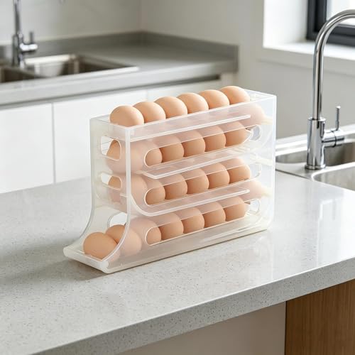 4 Tier Egg Roller Dispenser, Automatic Rolling Egg Holder, 28 Egg Capacity | Gravity-Fed Rolling System, Smooth Egg Dispensing, Transparent Design, Easy Refill, Stable Placement - color: 75% Clear