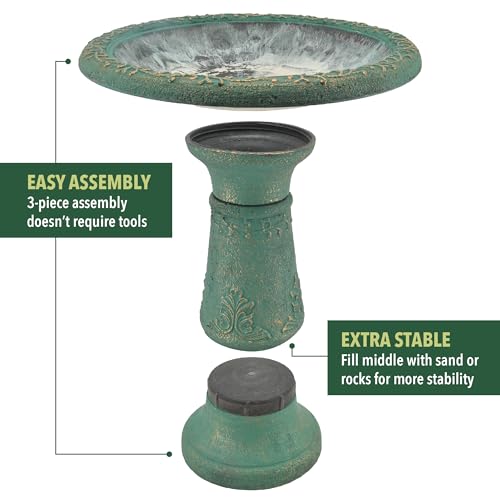 Arcadia Garden Products BB04 Fiberclay Bird Bath Outdoor Garden Decor, Antique Vintage Weather Resistant Water Bowl for Backyard and Patio and, 20-inch Tall, Green - color: Green