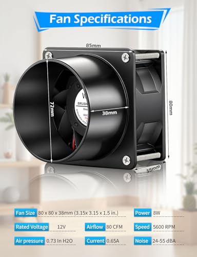 80mm x 38mm 3 Inch Duct 12V Computer Exhaust Fan with AC Variable Speed High Airflow Small Ventilation Fan Dual Ball for Paint Booth Fume Extractor 3D Printer Greenhouse Dryer Booster Cooling - size: 8038-one duct