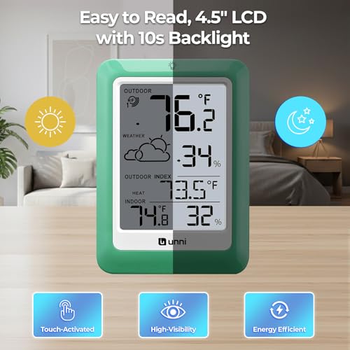 Indoor Outdoor Thermometer Wireless, Temperature Humidity Monitor Battery Powered Inside Outside Thermometers with 330ft Range Remote Sensor(Green) - color: Green