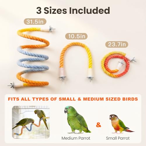 Colorful Cotton Rope Parrot Perch Set, Bendable 3-Size Cage Accessory