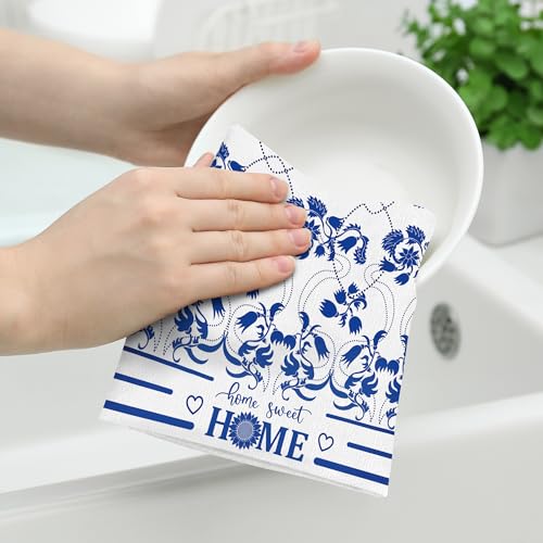Blue Kitchen Towels Boho Floral Dish Towels for Kitchen Drying | Decorative Hand Tea Towel Set of 2, Absorbent Cute Dish Cloths for Bar Bathroom Decor, Housewarming Gifts for Women - color: Blue