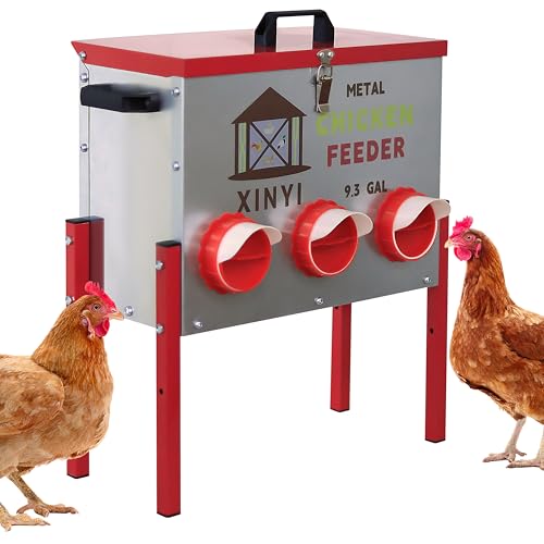 XINYI 9.3 Gallon Automatic Chicken Feeder, 6 Ports Gallon Chick Feeder No Waste with Adjustable Legs, Rodent Proof & Weatherproof Metal Raised Poultry Feeder - size: 6 ports with legs